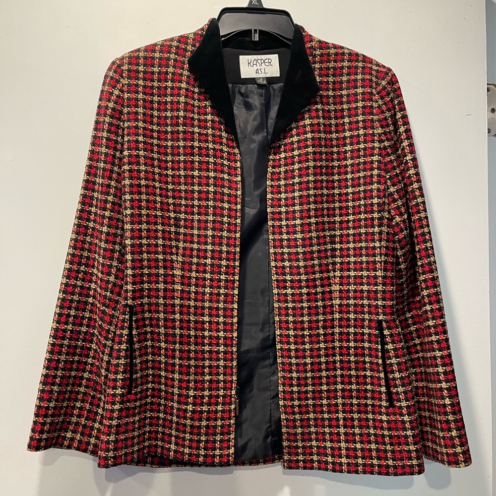 Vintage Kasper Red Black Houndstooth Velvet Collar Blazer Jacket Size 4